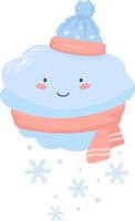 Cheerful, anthropomorphic cloud, bundled up in warm winter attire, is depicted with a gentle smile as snowflakes gracefully descend around it, creating a charming winter scene vector