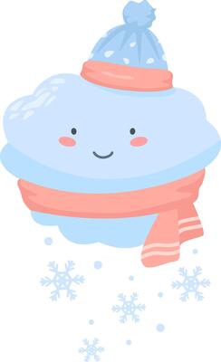 Cheerful, anthropomorphic cloud, bundled up in warm winter attire, is depicted with a gentle smile as snowflakes gracefully descend around it, creating a charming winter scene