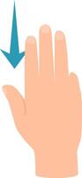 Cartoon hand scrolling down with three fingers, with a big blue arrow pointing down near them, representing using a touchscreen or a touchpad vector