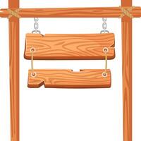 Two wooden planks hanging from sturdy metal chains and ropes, supported by additional wooden ties, create a perfect backdrop for displaying text or directional information vector