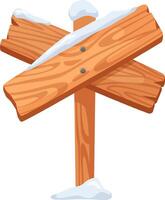 Two crossed wooden planks, blanketed in snow, forming a signpost that points in various directions, perfectly capturing the essence of winter travel and exploration themes vector