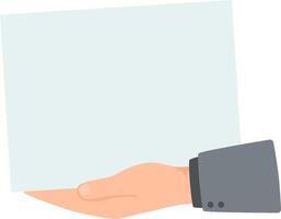 Businessman holding a blank vertical paper sheet, providing ample copy space for text or images. illustration designed in a clean, flat style for versatile use vector