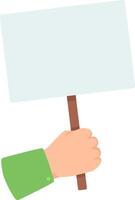 Hand firmly grasping a blank placard with a wooden stick, ready for protest, announcement, or advertisement, isolated on a white background vector