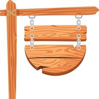 Wooden sign crafted from planks, featuring a half circle shape, hanging from a wooden pole with chains and rope, ideal for conveying advertisements or providing directions vector