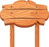 Wooden sign made of light brown planks with nails indicating a direction, path or warning, hanging on two poles, isolated on white background vector