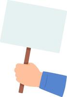 Close up of a hand firmly gripping a wooden stick attached to a blank rectangular sign, creating a powerful image of protest or demonstration, ready for a personalized message vector
