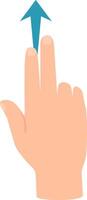 Cartoon hand using two fingers to swipe up, indicated by a blue arrow, symbolizing scrolling, browsing, or navigating on a touchscreen device, perfect for illustrating mobile interactions vector