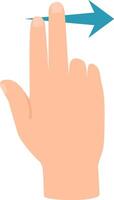 Open hand using two fingers to scroll horizontally across a touchscreen, accompanied by a blue arrow indicating the direction of movement from left to right vector