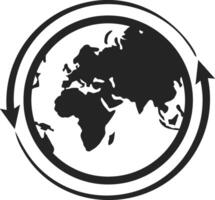 Two circular arrows are rotating around a stylized Earth globe, symbolizing global transportation, logistics, and international trade in a simple and effective black and white design vector