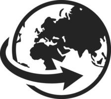 Stylized Earth globe with continents surrounded by a circular arrow, representing concepts like global trade, international business, worldwide shipping, and planet Earth's interconnectedness vector