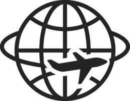 Simple black and white icon of an airplane flying around the earth globe, representing concepts such as international travel, tourism, and global transportation vector
