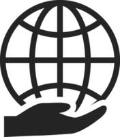 Stylized black and white illustration of a hand holding a globe, representing global responsibility, environmental protection and sustainable development vector