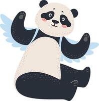Adorable panda bear character with light blue angel wings flying and waving its paws, creating a whimsical and charming scene against a white background vector