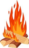 Bonfire roaring with large flames engulfing two pieces of firewood, creating a cozy and warm atmosphere ideal for camping trips and outdoor adventures under the stars vector