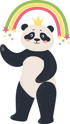 Adorable panda bear wearing golden crown waving paw standing under colorful rainbow with shining stars, cartoon illustration isolated on white background