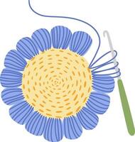 Crochet hook with blue yarn wrapped around is creating a crocheted flower with blue petals and a yellow center, demonstrating a crafting process vector