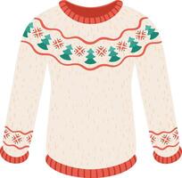 Warm Christmas sweater featuring a pattern of green trees and red snowflakes, perfect for winter holiday celebrations, isolated on a white background vector