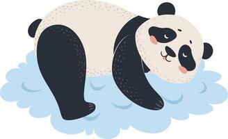 Adorable panda lying on a cloud, enjoying tranquility and peace, creating a heartwarming scene ideal for children's illustrations promoting relaxation and well being vector