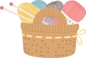 Knitting equipment arranged neatly in a basket, featuring vibrant yarn balls and knitting needles, creating an inviting setup for an enjoyable crafting project vector