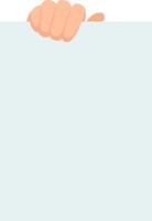 Close up view of a hand firmly gripping a blank light blue poster against a clean white background, offering generous copy space for text, graphics, or design elements vector