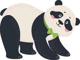 Playful and adorable panda bear wearing a stylish green bow tie is stretching its paws, showcasing its charming personality and adding a touch of elegance to its natural grace vector