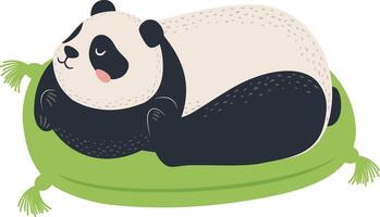 Adorable panda lying on its side on a soft green pillow with decorative tassels, sleeping soundly with a content expression, creating a heartwarming and peaceful scene vector