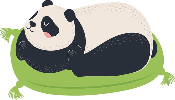 Adorable panda lying on its side on a soft green pillow with decorative tassels, sleeping soundly with a content expression, creating a heartwarming and peaceful scene