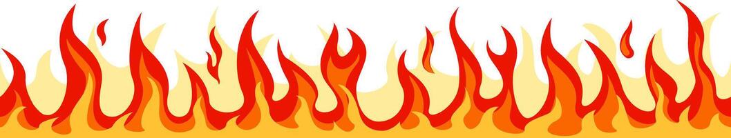 Seamless horizontal pattern of realistic cartoon fire flames burning brightly with red, orange and yellow colors against a white background, creating a vibrant and energetic visual vector