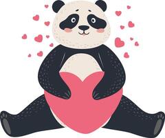 Adorable panda embracing a large pink heart while small hearts float around, creating a heartwarming scene of love and affection, perfect for Valentine's Day or any occasion celebrating love vector