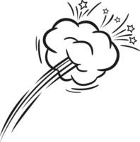 Black and white illustration featuring a cartoon smoke cloud rapidly emitting stars, enhanced by dynamic speed lines, all set against a clean white background vector