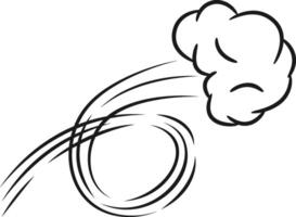 Cartoon representation of a cloud of smoke moving fast, with curved lines behind it, creating a sense of speed and motion, ideal for conveying concepts related to speed, impact, or explosion vector