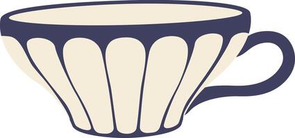 This stylish teacup features a unique fluted design and a contrasting dark blue rim, adding a touch of vintage charm to any tea party or coffee break vector