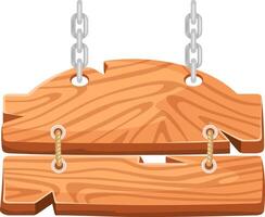 Two light brown wooden planks hanging from metal chains and ropes, forming a rustic and charming sign, perfect for displaying messages or announcements vector