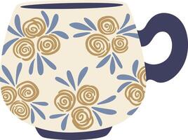 Cozy and stylish mug featuring a beige background with a repeating pattern of blue and gold roses and leaves, accented by a dark blue handle, perfect for warm beverages vector