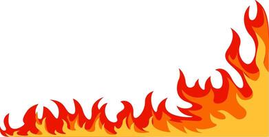 Red and orange cartoon fire flames forming a frame border, rising from the bottom corner against a white background, ideal for danger, warning, and attention grabbing designs vector