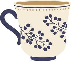 Cozy and stylish teacup featuring a delicate floral pattern and a contrasting dark handle, filled with a warm, inviting beverage, perfect for a relaxing moment vector