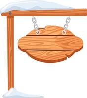 Snow covered wooden sign hanging from a wooden post with chains, creating a rustic winter scene perfect for advertisements or announcements vector
