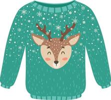 Cozy green Christmas sweater featuring a charming reindeer face surrounded by playful snowflakes, creating a delightful look for festive celebrations and joyful winter holidays vector