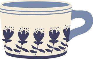 Charming beige mug featuring a delicate blue floral pattern and a sturdy handle, ideal for savoring warm beverages like coffee or tea during cozy mornings at home vector