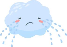 Light blue cartoon cloud with a sad face crying, releasing raindrops that fall gently down, capturing the essence of rainy weather and expressing a gloomy mood vector