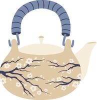 Traditional ceramic teapot featuring a blue handle and adorned with a delicate cherry blossom pattern, creating an inviting atmosphere for savoring a soothing cup of tea vector