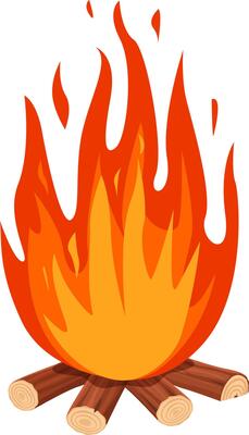 Bonfire burning brightly against a white background, flames dancing over firewood, creating a warm and inviting atmosphere perfect for camping adventures and outdoor gatherings