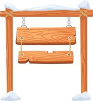 Wooden sign hanging from a snowy wooden signpost, secured with chains and ropes, providing an ideal backdrop for winter or Christmas announcements and messages vector