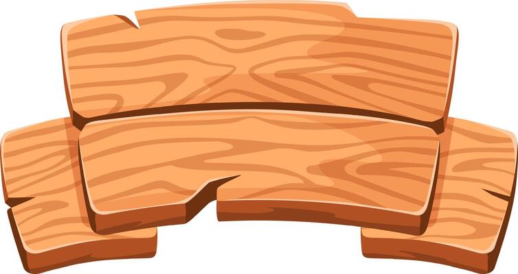 Cartoon wooden sign featuring three planks displaying a rich wood grain texture, providing a blank canvas for text or icons, isolated against a clean white background