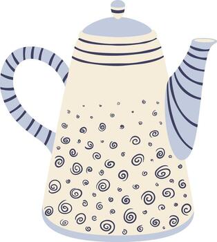 Cream colored teapot with a unique spiral pattern and striped handle and spout, evoking a vintage charm and adding a touch of elegance to tea time vector