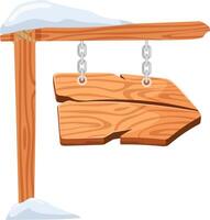 Wooden arrow sign hanging on chains from a wooden pole covered by snow, isolated on white background, ideal for winter and christmas related concepts vector