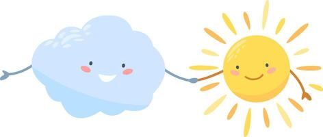 Sun and cloud holding hands and smiling, representing good weather and positive atmosphere, perfect illustration for children books or weather forecast vector