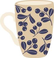 Cozy autumn vibes emanating from a beige mug adorned with a charming blueberry pattern, perfect for enjoying a warm beverage on a crisp fall day vector