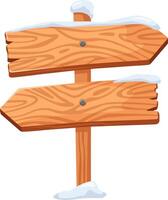 Snow covered wooden arrow signs pointing left and right mounted on a wooden pole indicating different directions, ideal for winter, christmas or holiday projects vector
