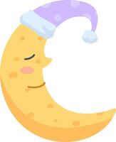 Cartoon crescent moon is wearing a purple dotted sleeping hat, its eyes are closed and it has a serene expression, conveying a sense of peace and restfulness vector